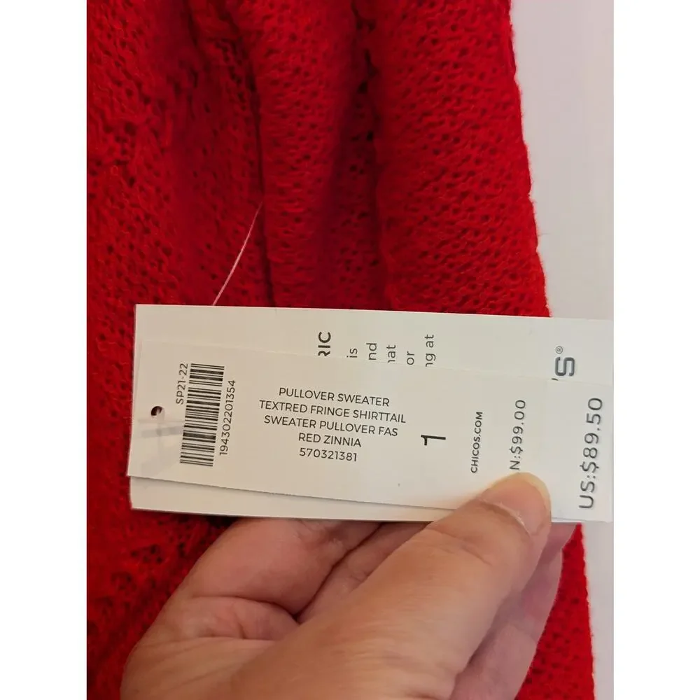 Chicos Red Zinnia Textured Fringe Hem Pullover Sweater Sz1 M NWT